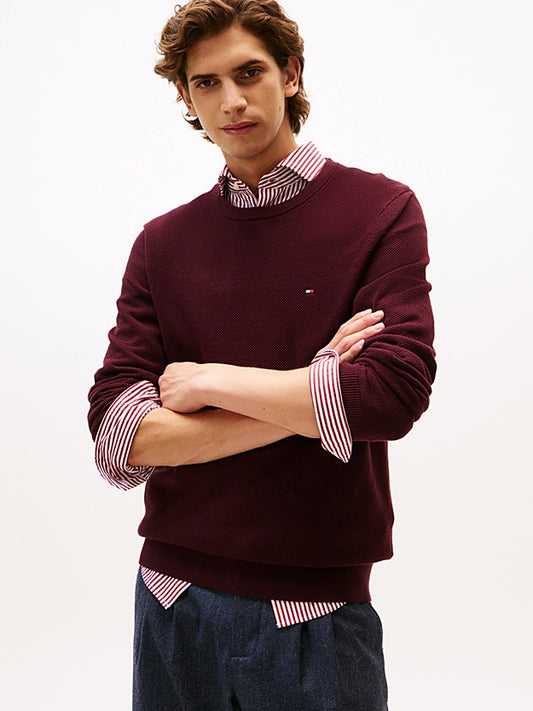 Tommy Hilfiger Flag Embroidery Textured Crew Neck Jumper - Deep Burgundy MW0MW36347_XIH_main