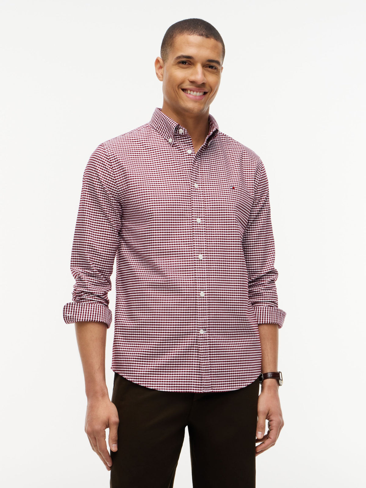 Tommy Hilfiger Regular Fit Gingham Check Oxford Shirt - Burgundy Check MW0MW36395_0QJ_alternate1_ay