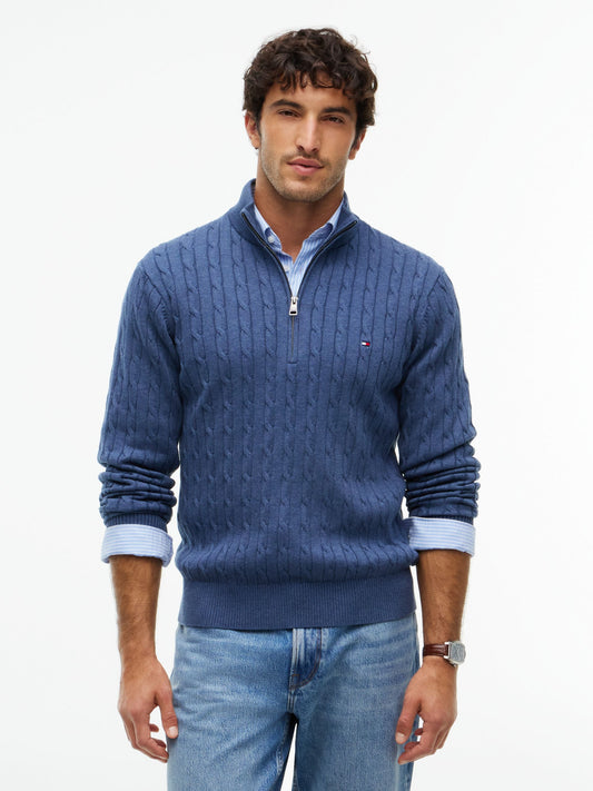 Tommy Hilfiger Classic Cotton Cable Zip Mock Jumper - Aegean Sea Heather MW0MW36532_D10_alternate1_ay