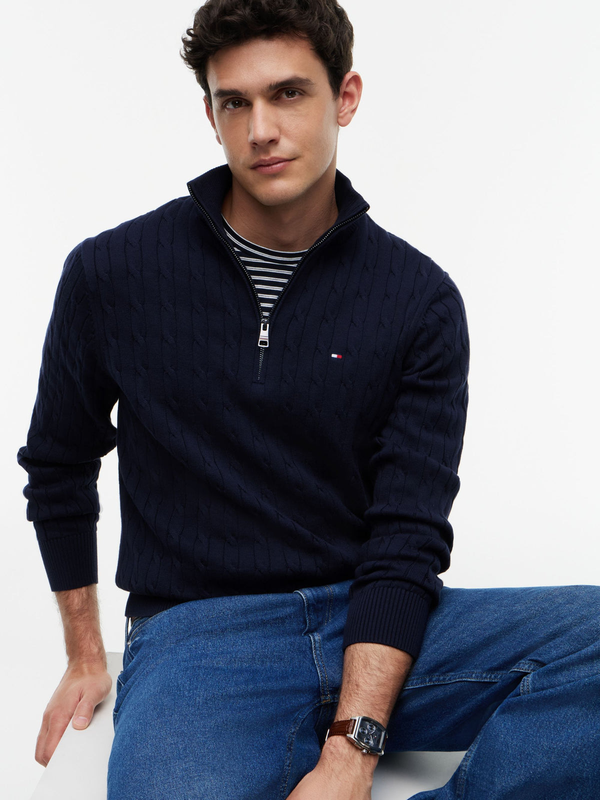 Tommy Hilfiger Classic Cotton Cable Zip Mock Jumper - Navy MW0MW36532_DW5_alternate3_ay