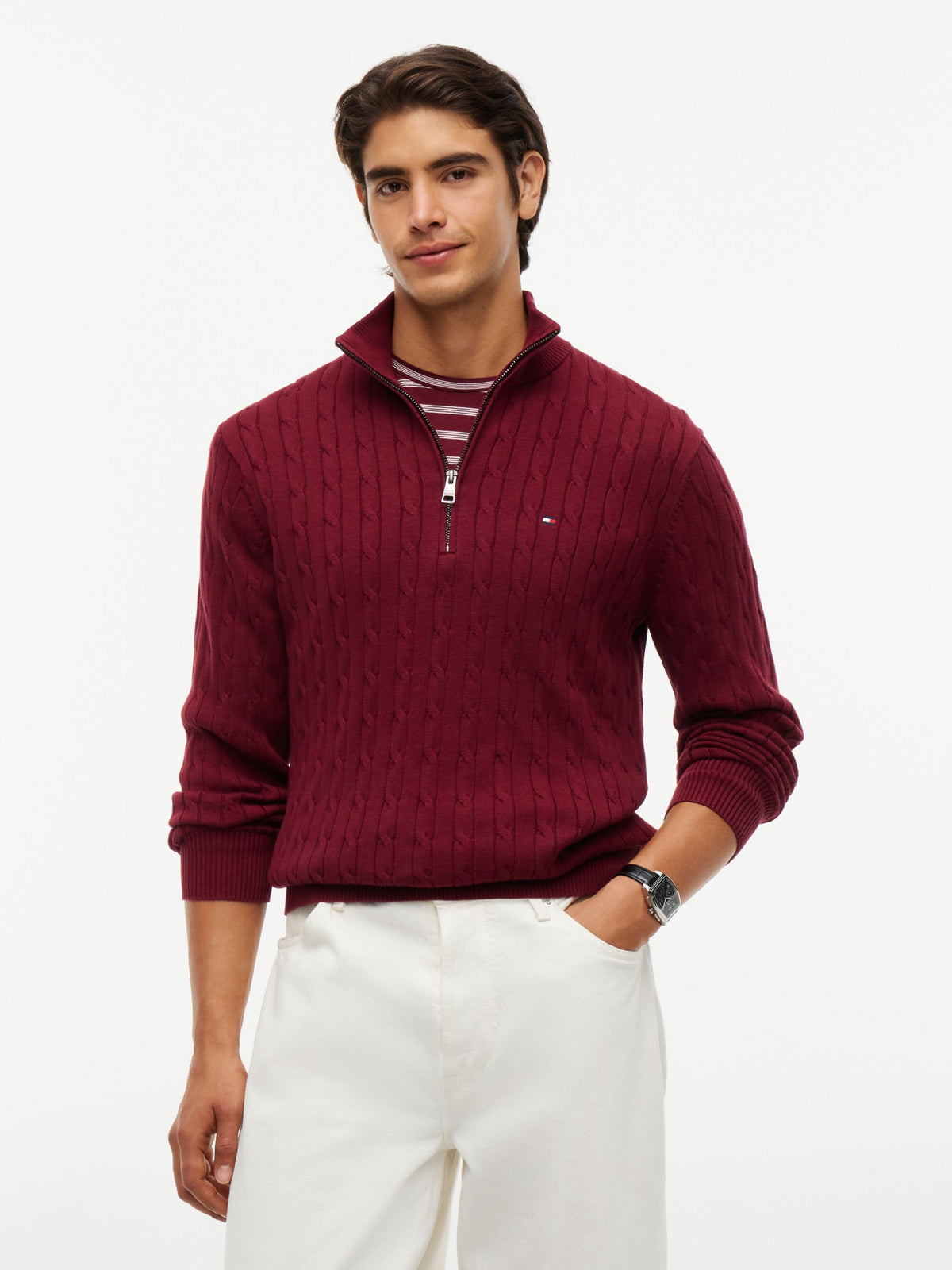 Tommy Hilfiger Classic Cotton Cable Zip Mock Jumper - Burgundy MW0MW36532_VLP_alternate1_ay