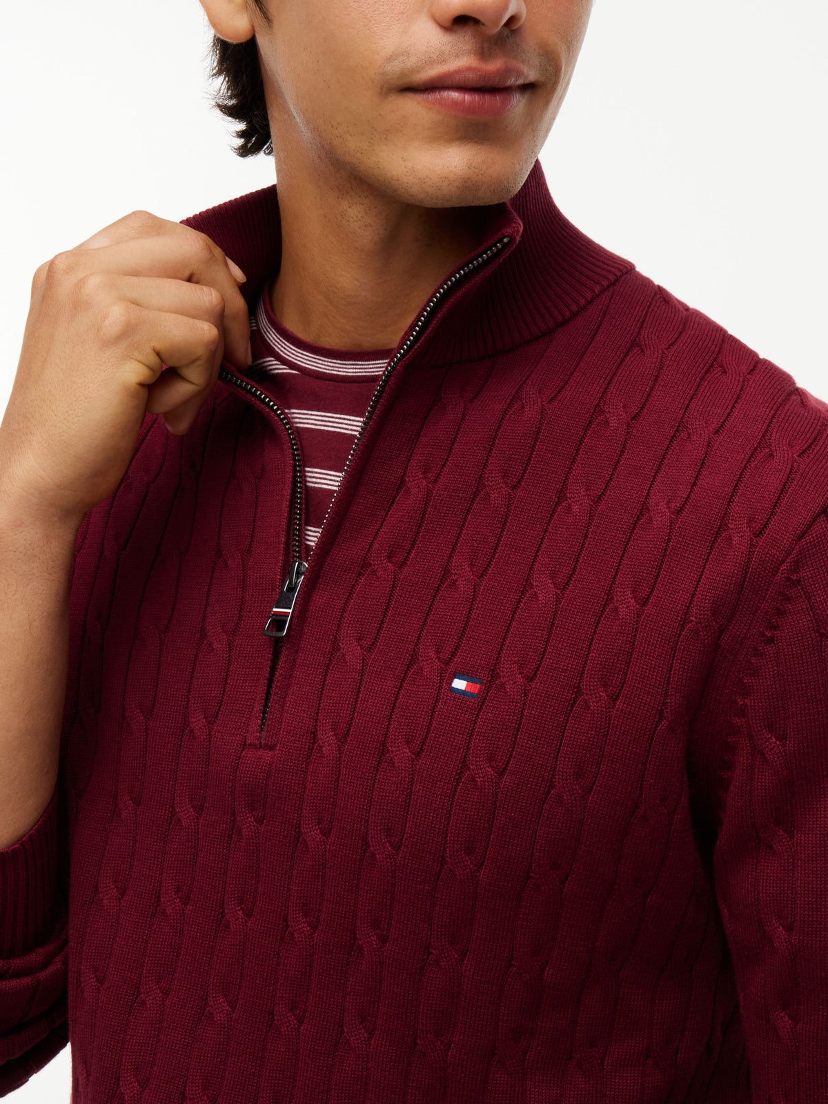 Tommy Hilfiger Classic Cotton Cable Zip Mock Jumper - Burgundy MW0MW36532_VLP_alternate3_ay
