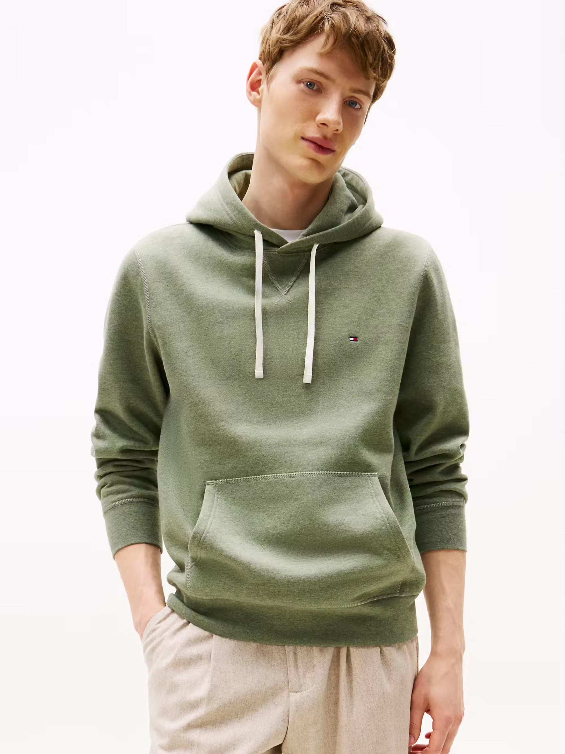 Tommy Hilfiger Flag Embroidery Fleece Hoody - Battle Green Heather MW0MW39997_MTD_main