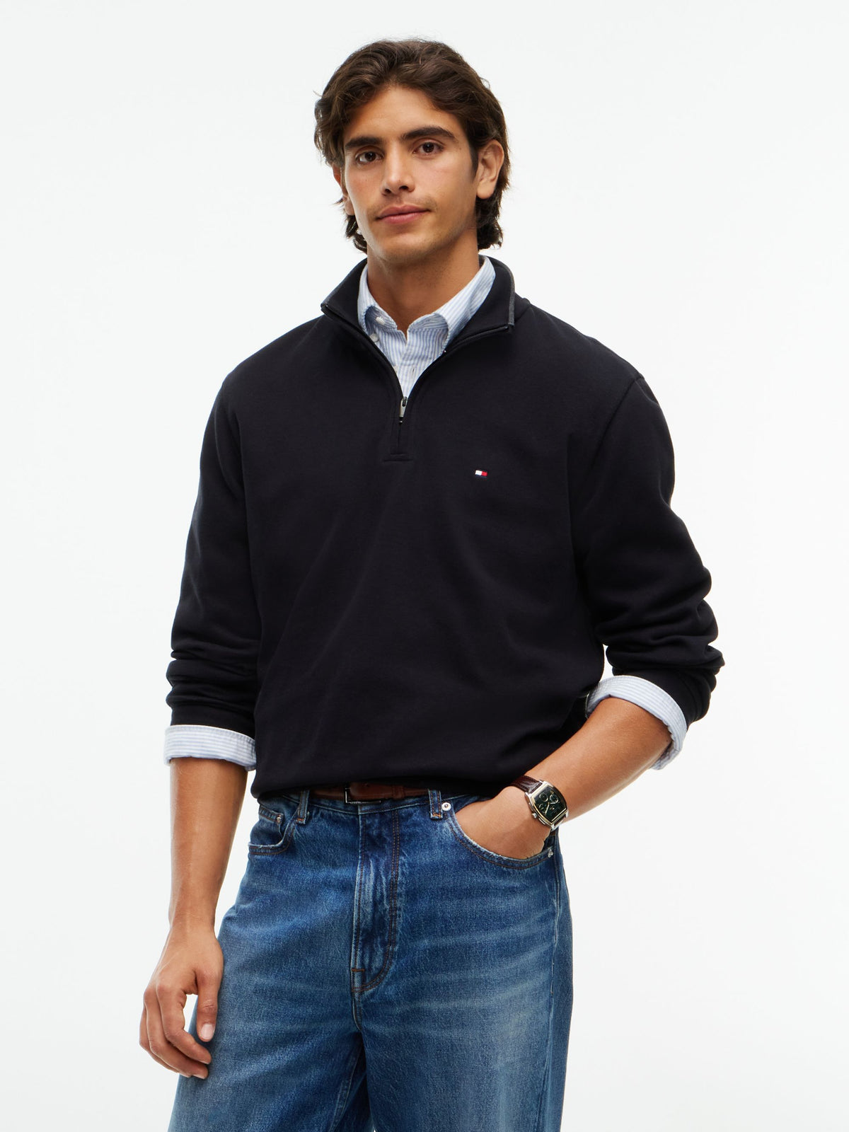 Tommy Hilfiger French Rib Quarter-Zip Sweatshirt - Black MW0MW40042_BDS_alternate1_ay