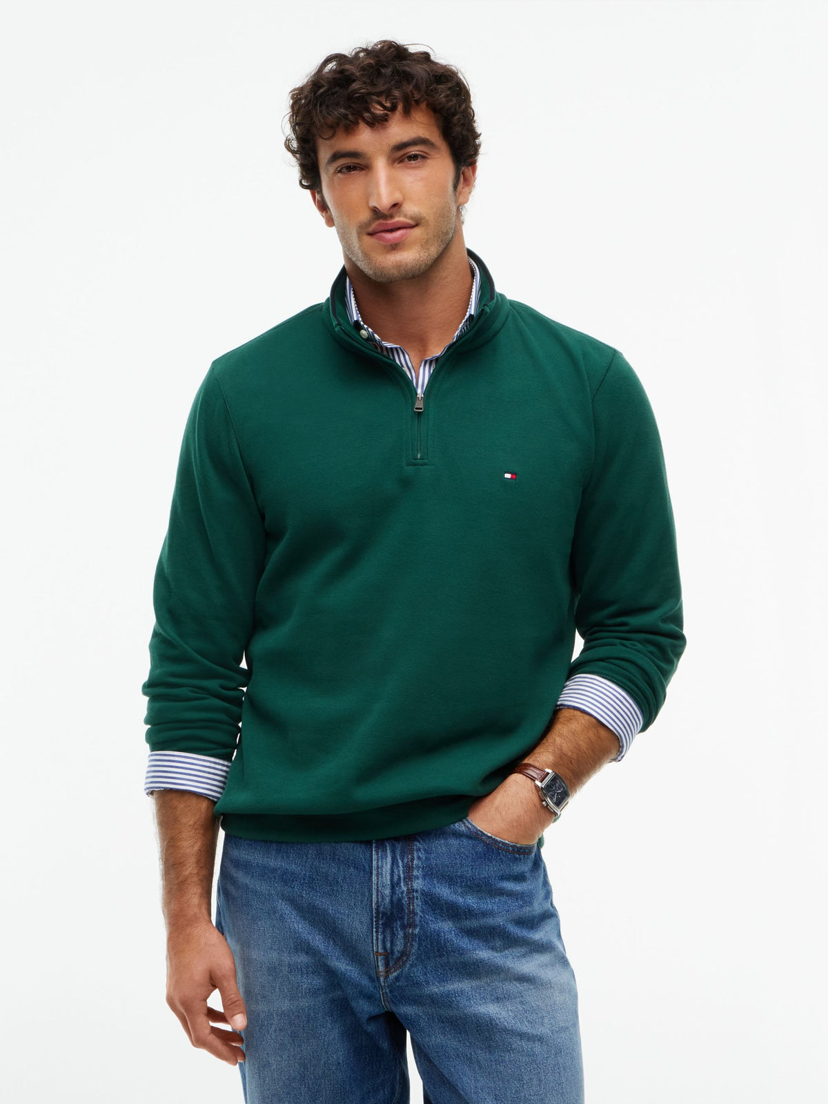 Tommy Hilfiger French Rib Quarter-Zip Sweatshirt - Ornamental Green MW0MW40042_L6K_alternate1_ay