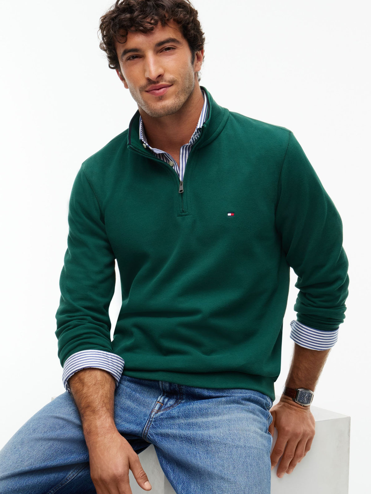 Tommy Hilfiger French Rib Quarter-Zip Sweatshirt - Ornamental Green MW0MW40042_L6K_alternate3_ay