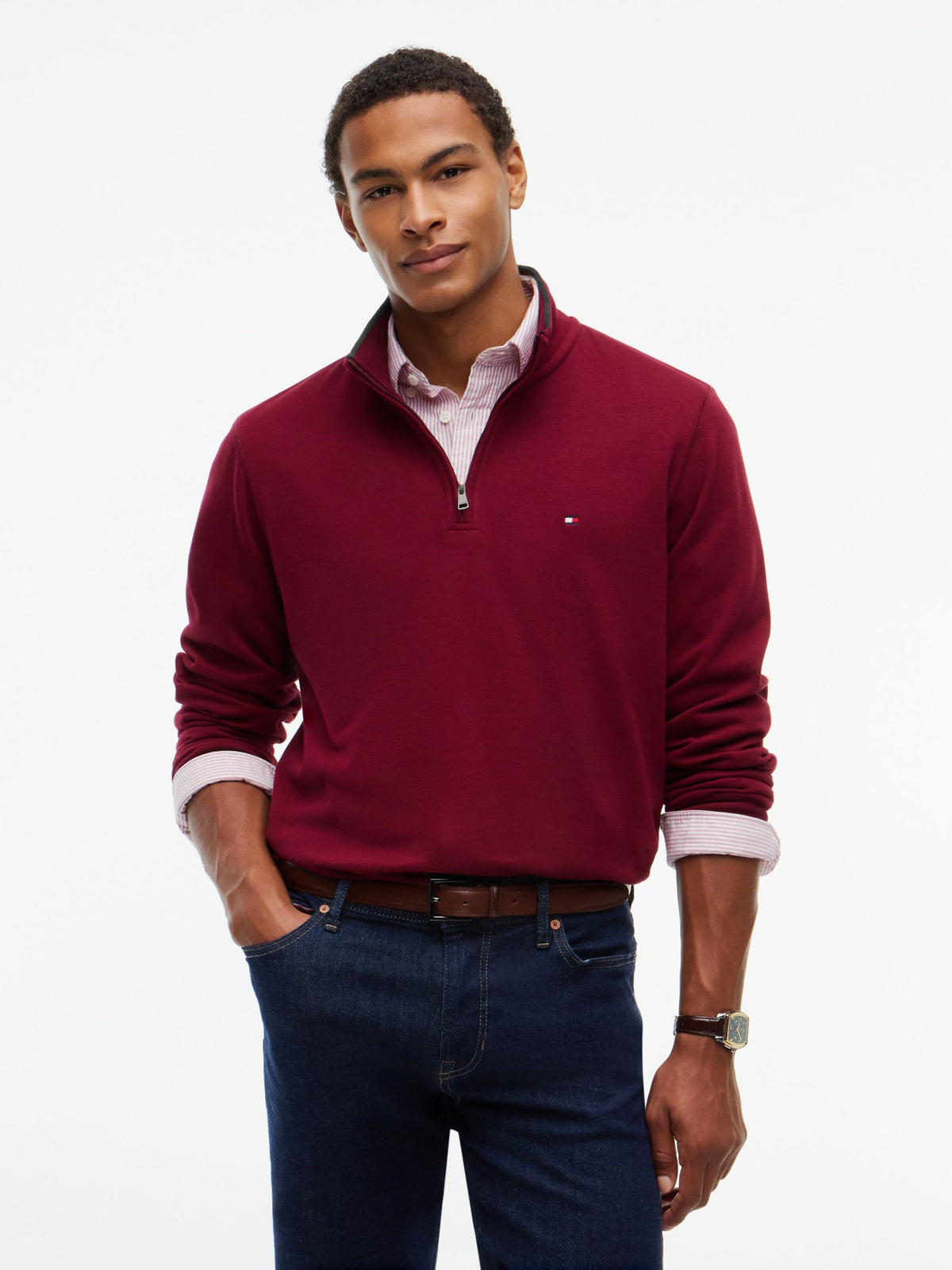 Tommy Hilfiger French Rib Quarter-Zip Sweatshirt - Burgundy MW0MW40042_VLP_alternate1_ay