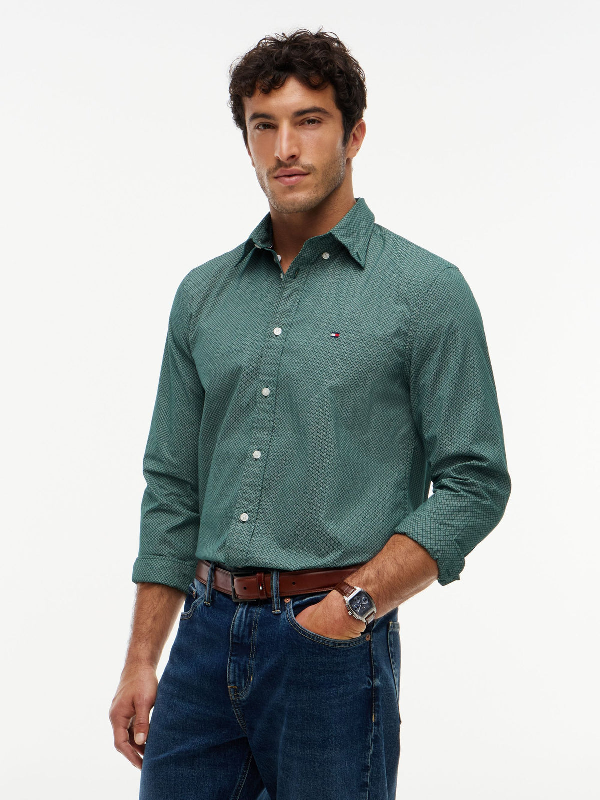 Tommy Hilfiger Flex Poplin Micro Print Shirt - Ornamental Green MW0MW40455_0H9_alternate1_ay