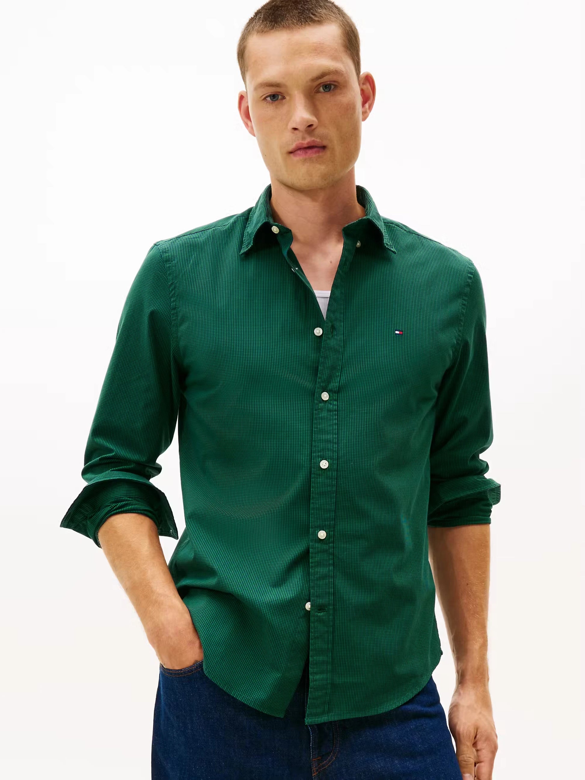 Tommy Hilfiger TH Flex Regular Fit Gingham Shirt - Ornamental Green MW0MW40457_0N5_main