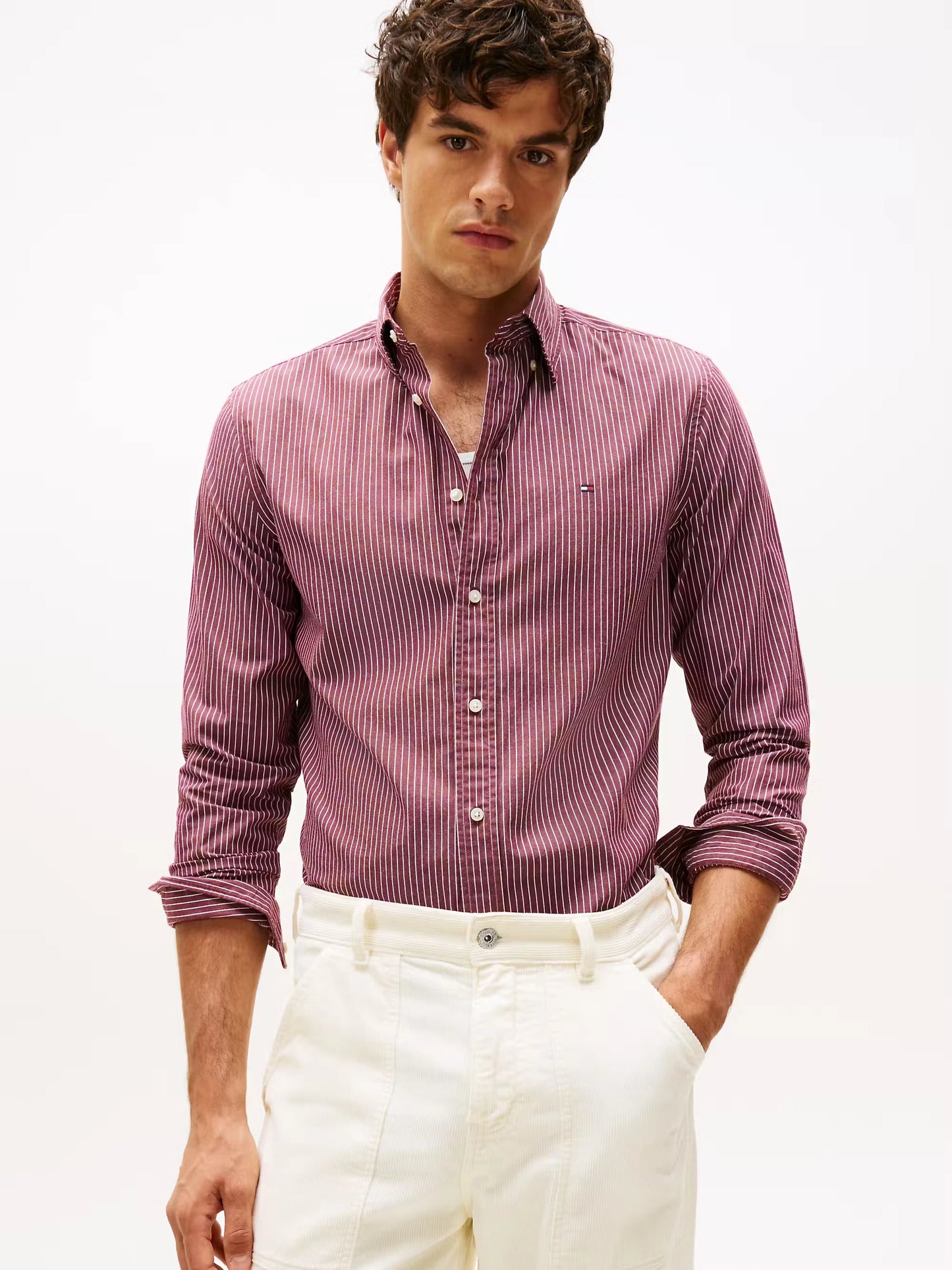 Tommy Hilfiger TH Flex Regular Fit Pinstripe Shirt - Deep Rouge MW0MW41399_0EV_main