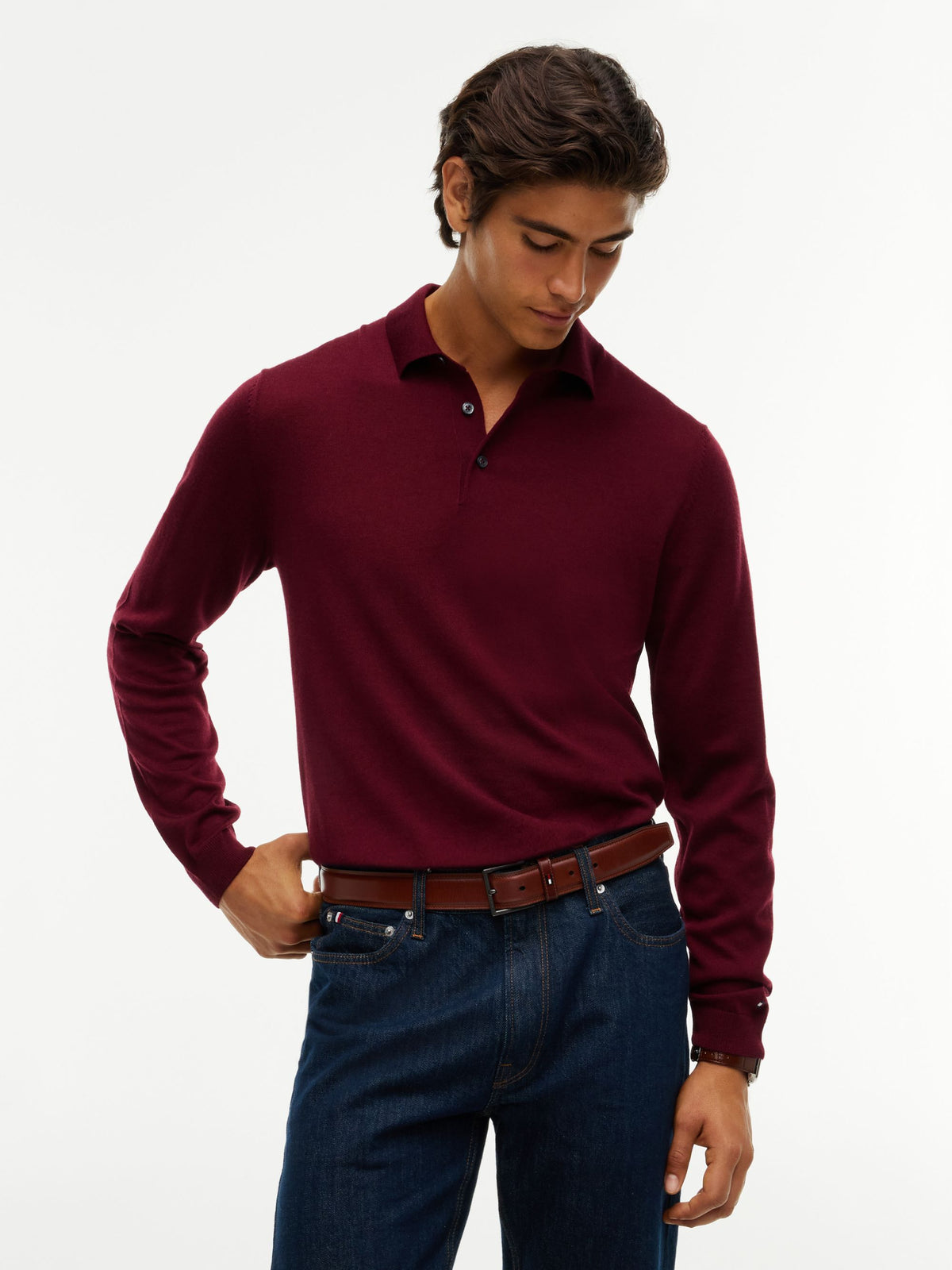 Tommy Hilfiger NY Merino Long-Sleeve Polo - Burgundy MW0MW44702_VLP_alternate1_ay