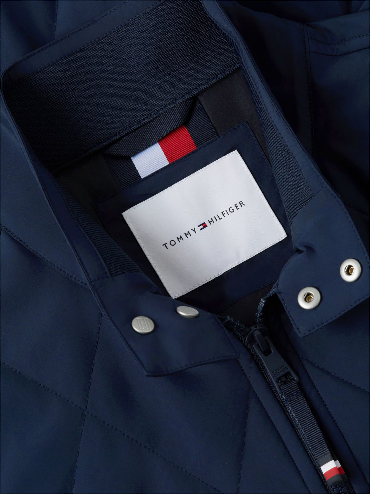 Tommy Hilfiger Packable Quilted Harrington navy, collar and zip detail