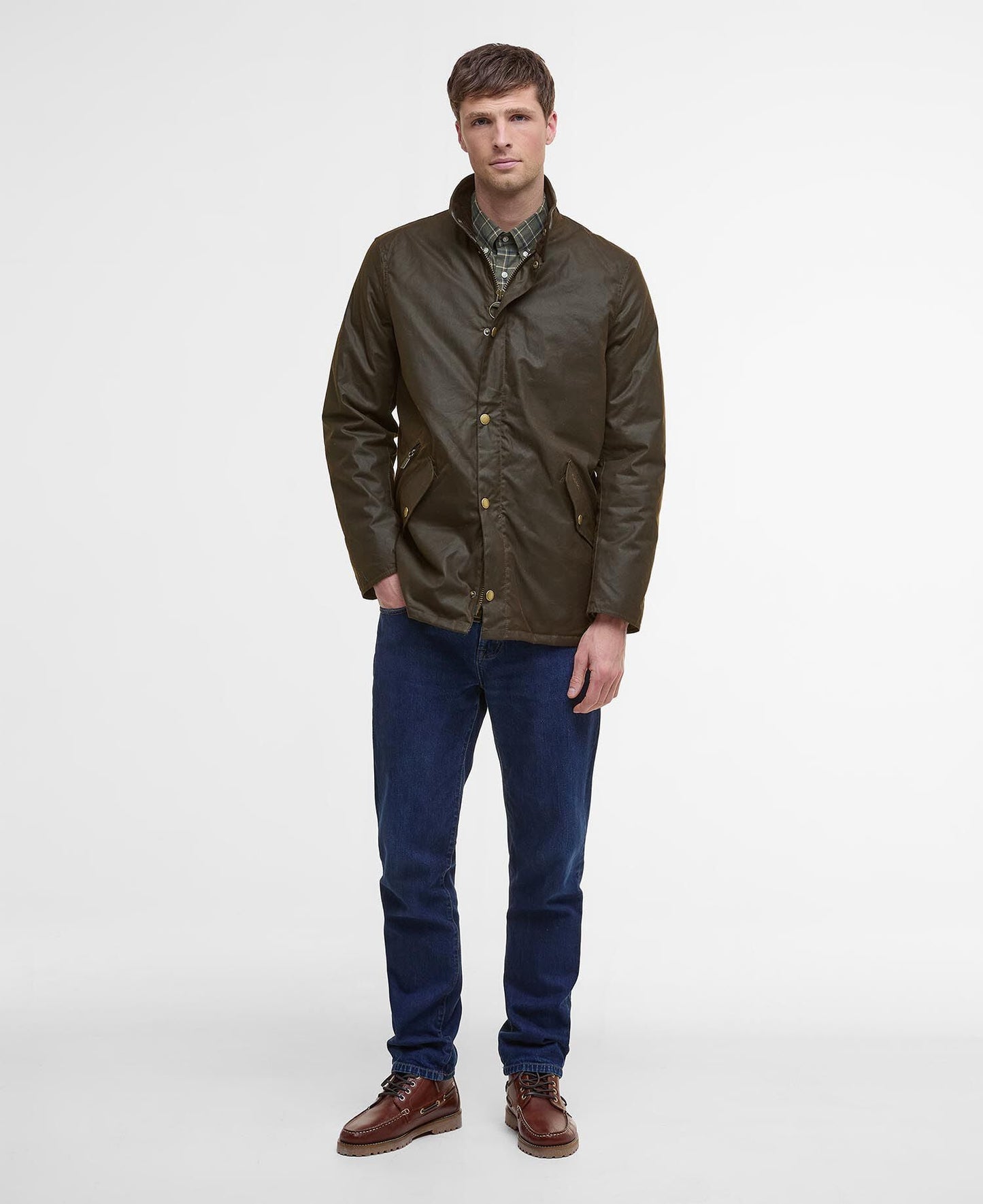 Barbour Prestbury Waxed Jacket Olive - styled