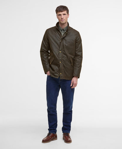 Barbour Prestbury Waxed Jacket Olive - styled
