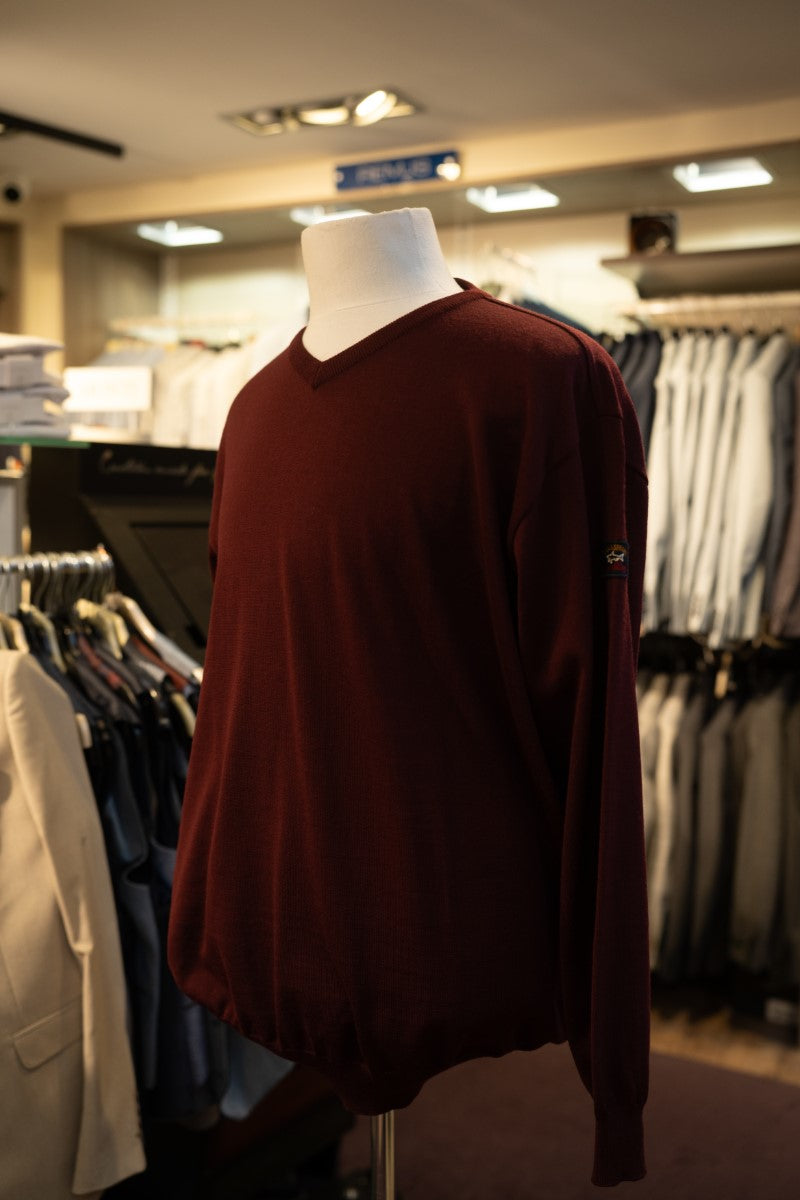 Paul & Shark Merino Wool V-neck With Iconic Badge C0P1041 - Dark Red RylesWebsiteProductPhoto-016
