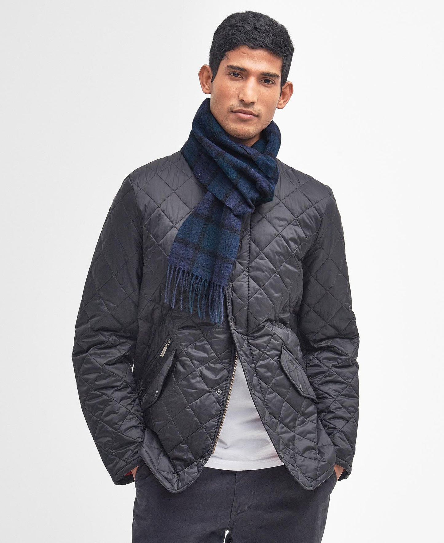 Barbour Tartan Lambswool Scarf in Navy - styled