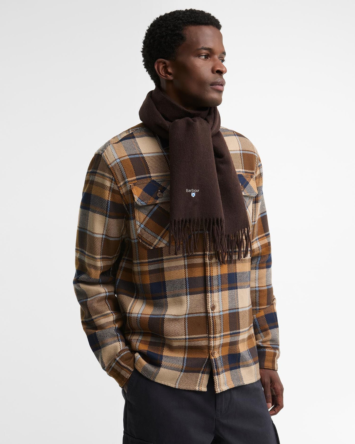 Barbour Plain Lambswool Scarf in Rust - styled
