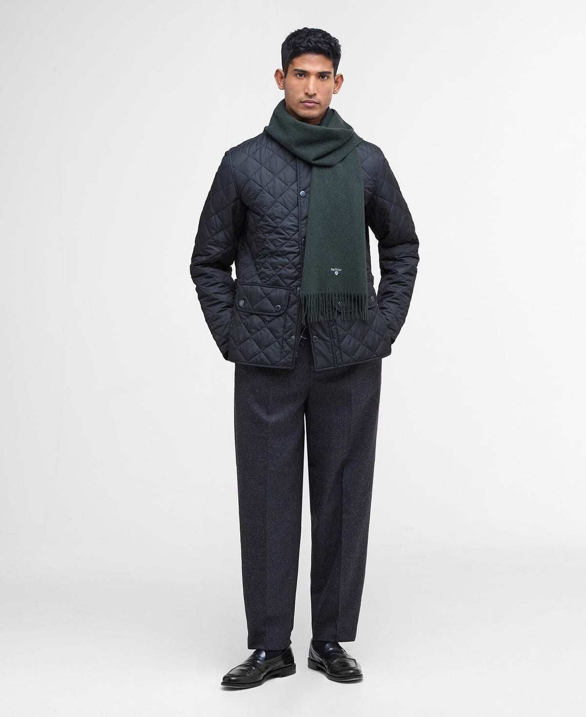 Barbour Plain Lambswool Scarf in Forest - front