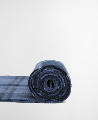 Barbour Mineral Tartan Wool Cashmere Scarf in Midnight - styled