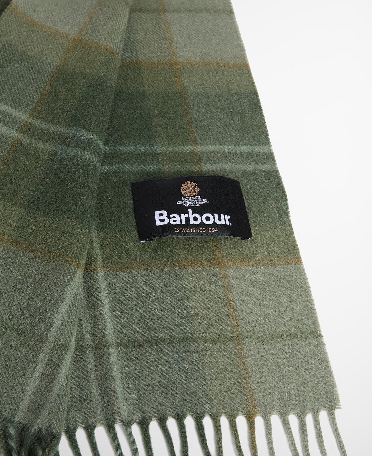 Barbour Mineral Tartan Wool Cashmere Scarf in Forest - styled