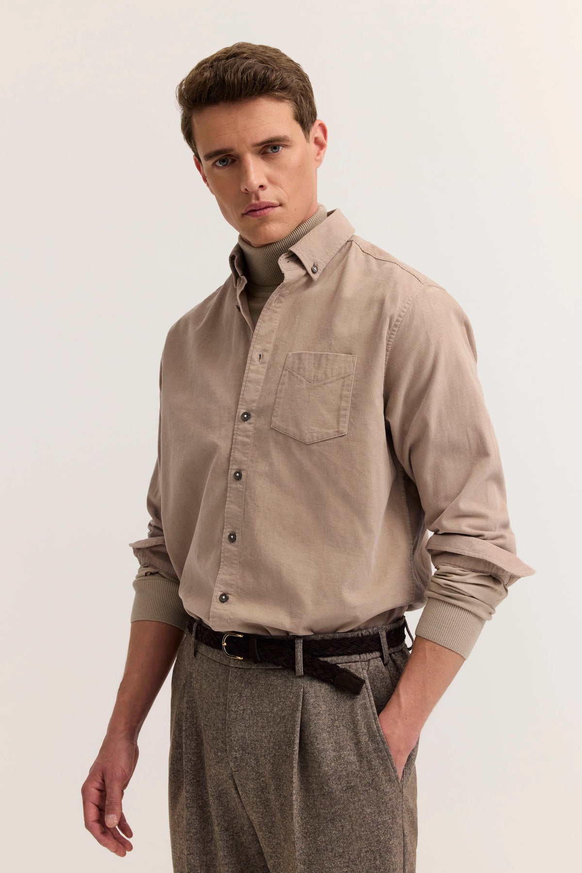 Bugatti 9350 Corduroy Button-Down Shirt - Beige bug_9350_28811F_40_model-f_0768