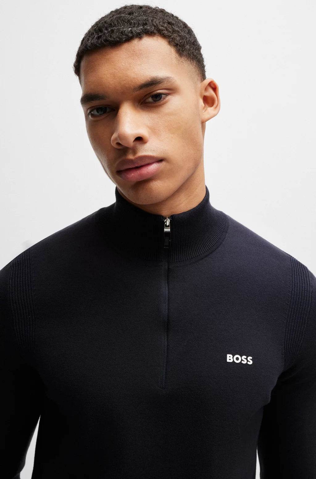 Hugo Boss Cotton-blend Zip-neck Sweater With Logo Print Dark