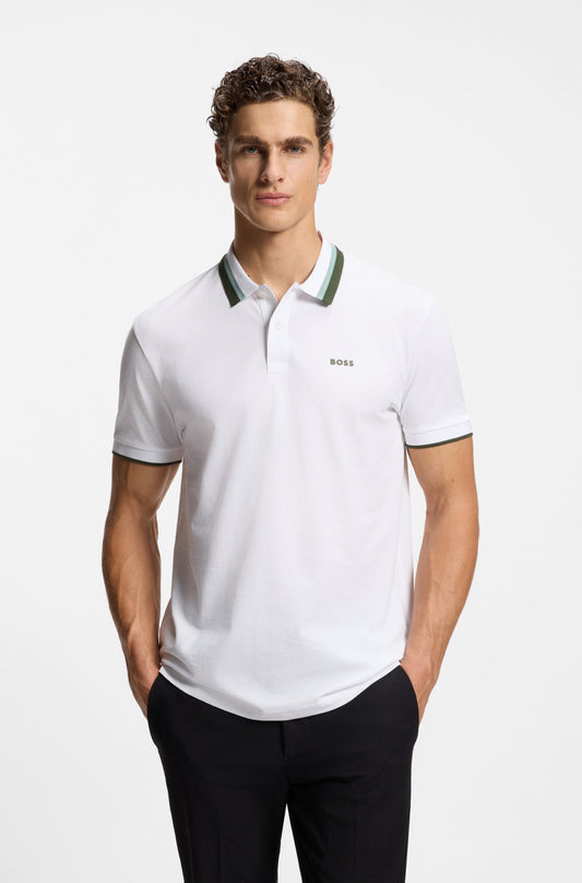 Hugo Boss Paddy Polo Shirt in Cotton Piqué With Striped Collar - White hbeu50538101_100_350