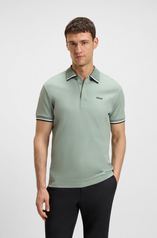 Hugo Boss Paddy Knit Polo Shirt in Cotton With Striped Trims - Olive hbna50538185_357_350