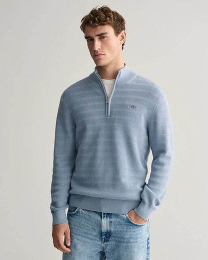 Gant Striped Textured Cotton Half-Zip Sweater - Dove Blue time__1701863723__202401-8030199-474-model-fv-1_69074ae9-6a10-463a-ac11-50340f9b1abb