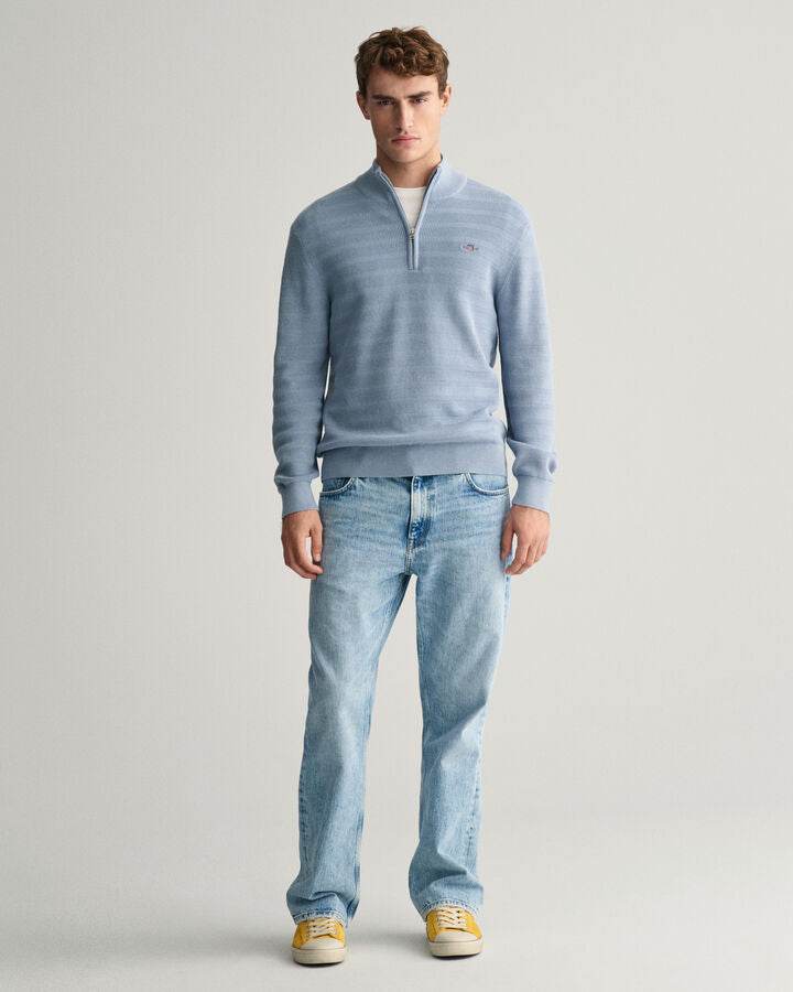 Gant Striped Textured Cotton Half-Zip Sweater - Dove Blue time__1701863724__202401-8030199-474-look-fv-1_bbacecf7-ab1f-4229-9806-a1240b84234d