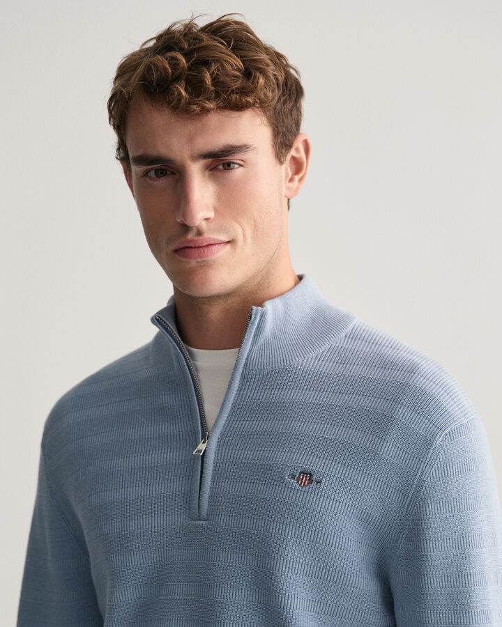 Gant Striped Textured Cotton Half-Zip Sweater - Dove Blue time__1701863725__202401-8030199-474-crmodel-fv-1_507217aa-34fa-4cd4-90eb-7768f8cc3be9