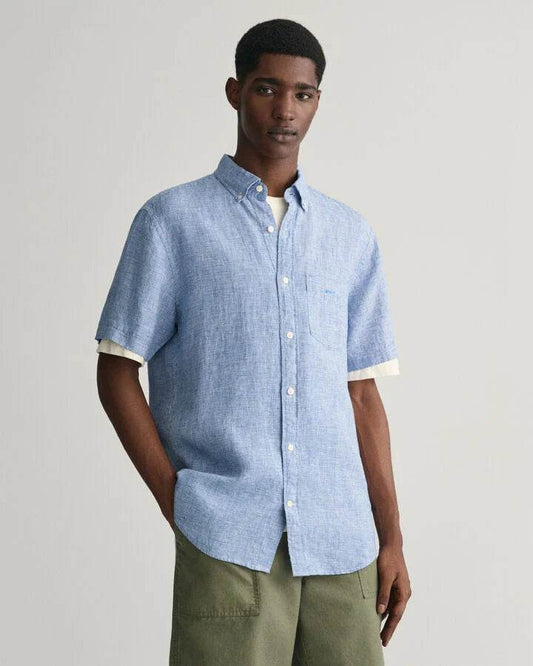Gant Regular Fit Houndstooth Linen Short Sleeve Shirt - Rich Blue time__1705489240__202401-3240068-407-model-fv-1