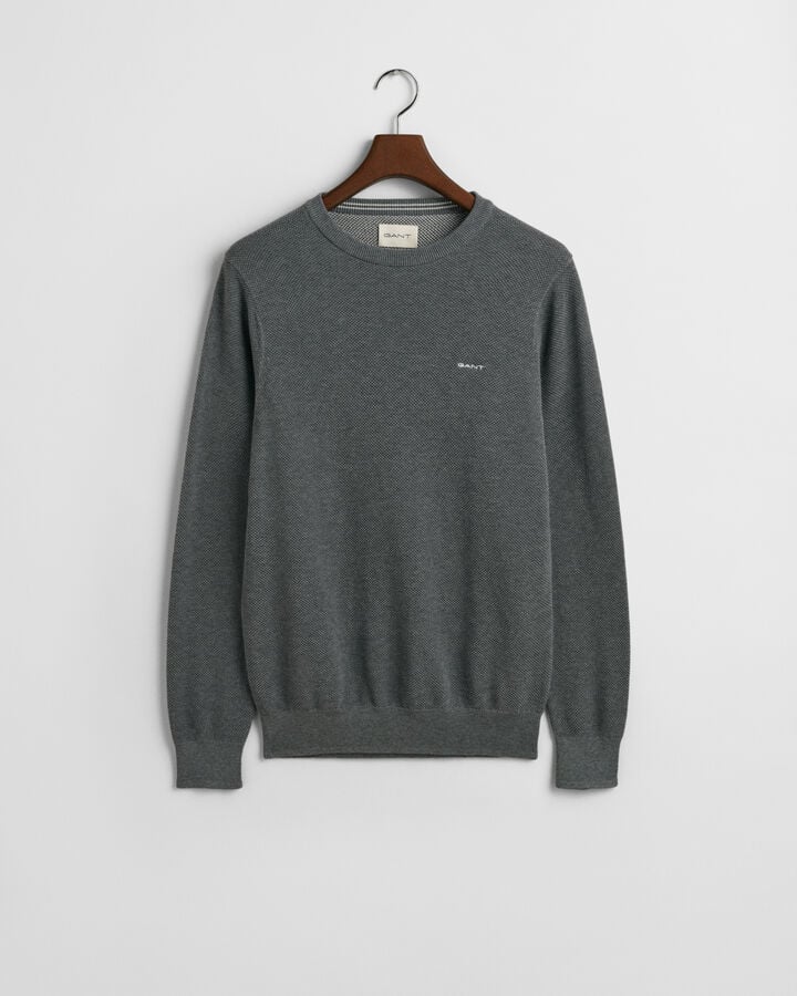 Gant Cotton Piqué Crew Neck Sweater - Dark Grey Melange time__1743073213__202503-8040521-092-flat-fv-1