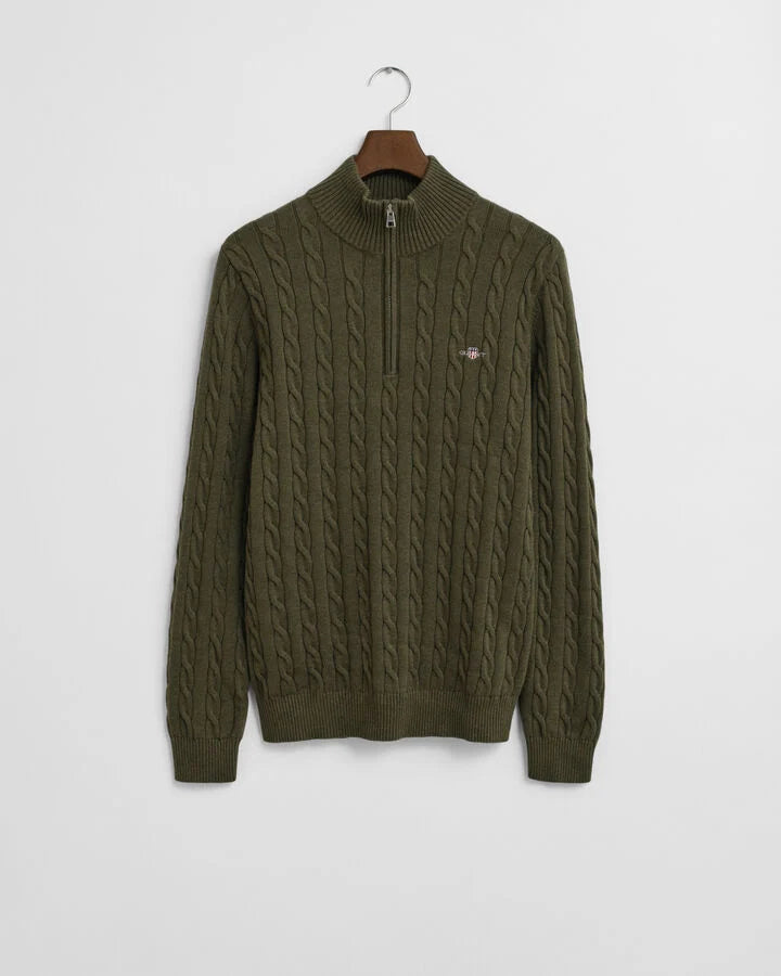 Gant Cotton Cable Knit Half-Zip Sweater - Khaki Green Melange time__1746448807__202503-8050603-384-flat-fv-1