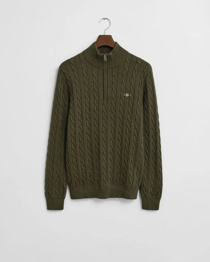 Gant Cotton Cable Knit Half-Zip Sweater - Khaki Green Melange time__1746448807__202503-8050603-384-flat-fv-1