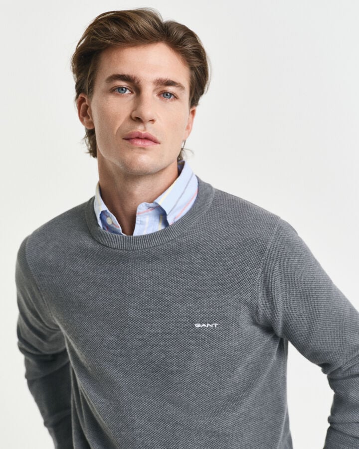 Gant Cotton Piqué Crew Neck Sweater - Dark Grey Melange time__1746561303__202503-8040521-092-crmodel-fv-1