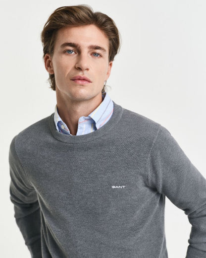 Gant Cotton Piqué Crew Neck Sweater - Dark Grey Melange time__1746561303__202503-8040521-092-crmodel-fv-1