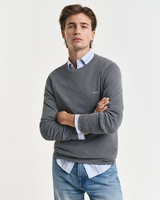 Gant Cotton Piqué Crew Neck Sweater - Dark Grey Melange time__1746561626__202503-8040521-092-model-fv-1