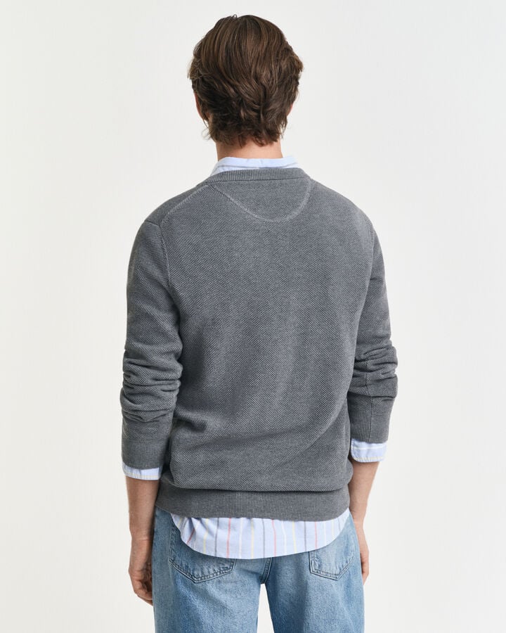 Gant Cotton Piqué Crew Neck Sweater - Dark Grey Melange time__1746561633__202503-8040521-092-model-bv-1
