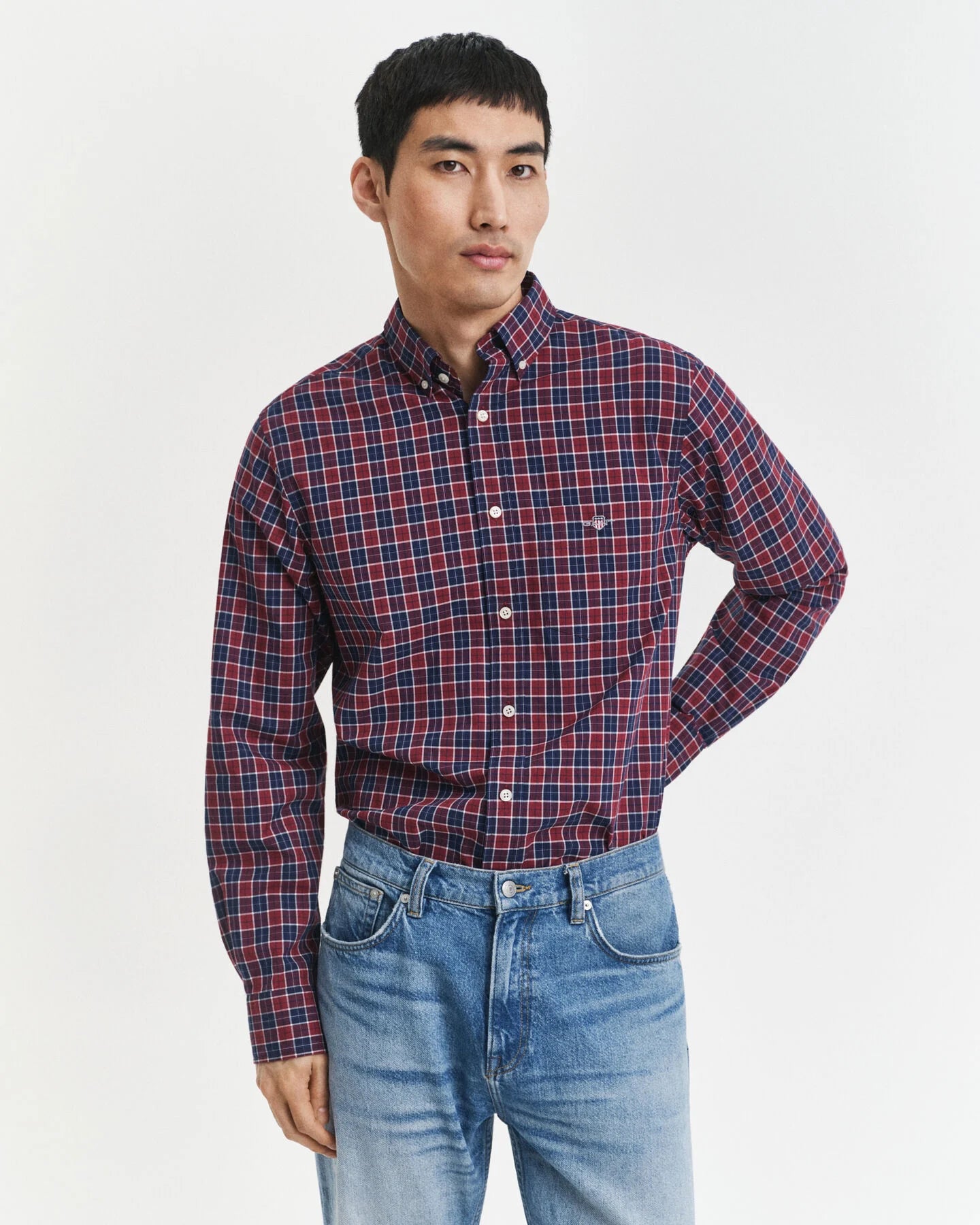 Gant Regular Fit Checked Classic Poplin Shirt - Plumped Red time__1749744310__202503-3250213-604-model-fv-1
