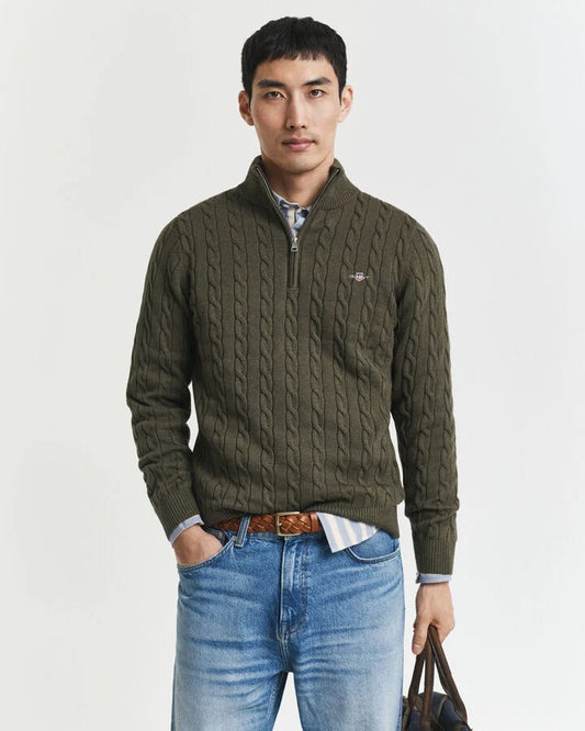 Gant Cotton Cable Knit Half-Zip Sweater - Khaki Green Melange time__1749746107__202503-8050603-384-model-fv-1