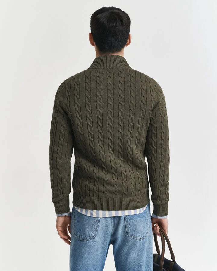 Gant Cotton Cable Knit Half-Zip Sweater - Khaki Green Melange time__1749746108__202503-8050603-384-model-bv-1