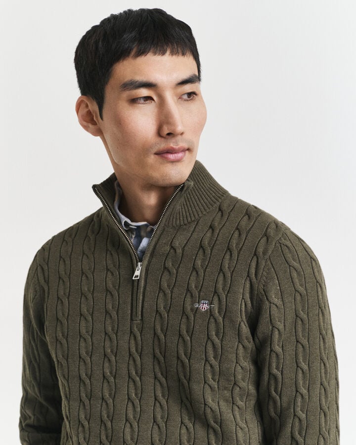 Gant Cotton Cable Knit Half-Zip Sweater - Khaki Green Melange time__1749746110__202503-8050603-384-crmodel-fv-1