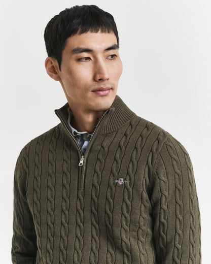 Gant Cotton Cable Knit Half-Zip Sweater - Khaki Green Melange time__1749746110__202503-8050603-384-crmodel-fv-1