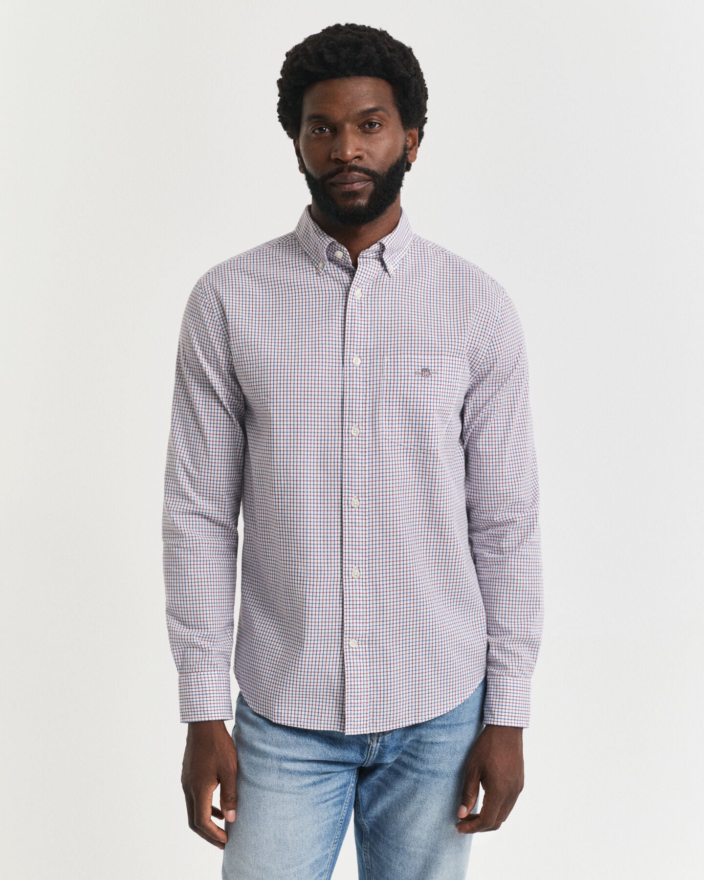 Gant Regular Fit Micro Checked Classic Poplin Shirt - Plumped Red time__1749816917__202503-3250214-604-model-fit-1