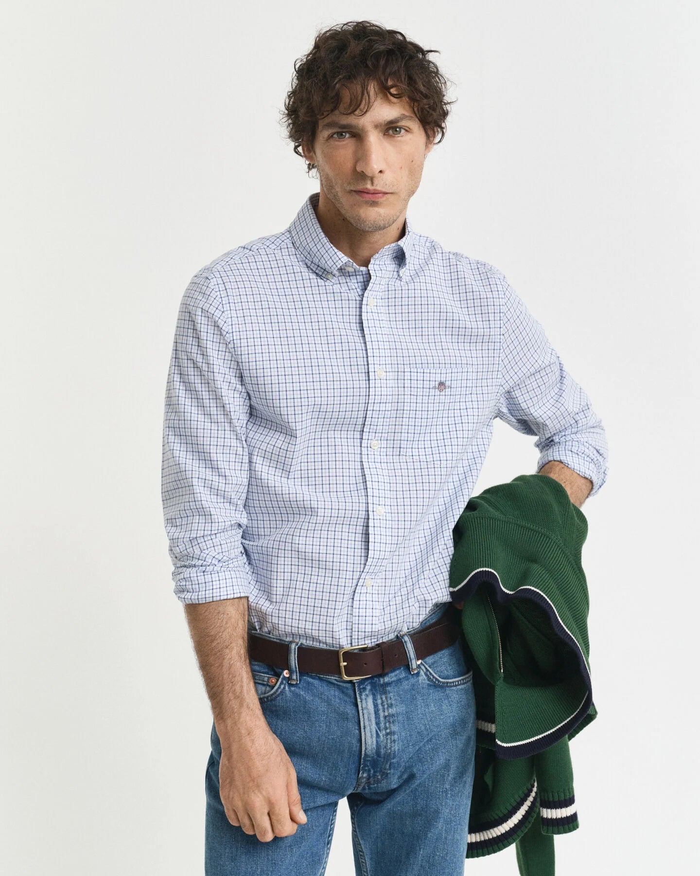 Gant Regular Fit Micro Checked Classic Poplin Shirt - Clear Sky time__1757609709__202503-3250214-427-model-fv-1