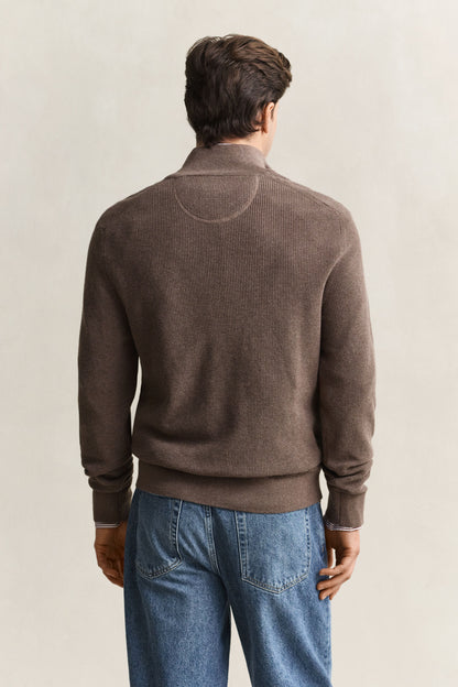 GANT Textured Cotton Half-Zip Sweater - Dark Hazelnut Melange time__1773414913__202602-8030292-294-model-bv-1