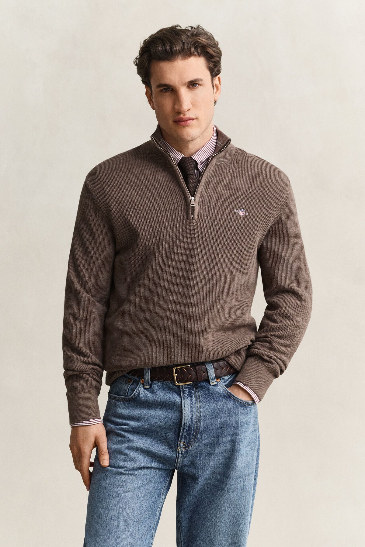 GANT Textured Cotton Half-Zip Sweater - Dark Hazelnut Melange time__1773414913__202602-8030292-294-model-fv-1