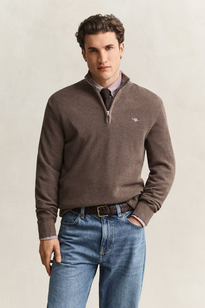 GANT Textured Cotton Half-Zip Sweater - Dark Hazelnut Melange time__1773414913__202602-8030292-294-model-fv-1