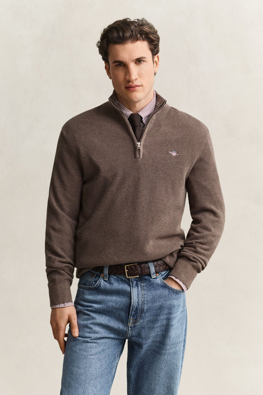 GANT Textured Cotton Half-Zip Sweater - Dark Hazelnut Melange time__1773414913__202602-8030292-294-model-fv-1